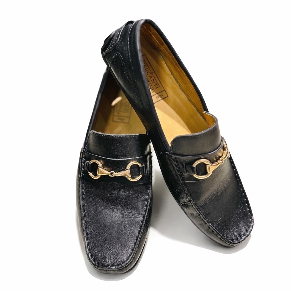 NWOT-Mercanti Fiorentini Relax Men’s Black Leather Loafers with Gold Bit Sz 8.5
